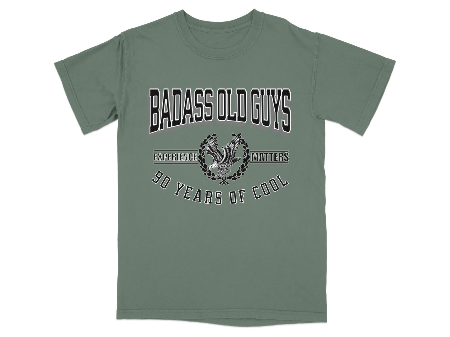 T-shirt with "Badass Old Guys" and "90 Years of Cool" text.