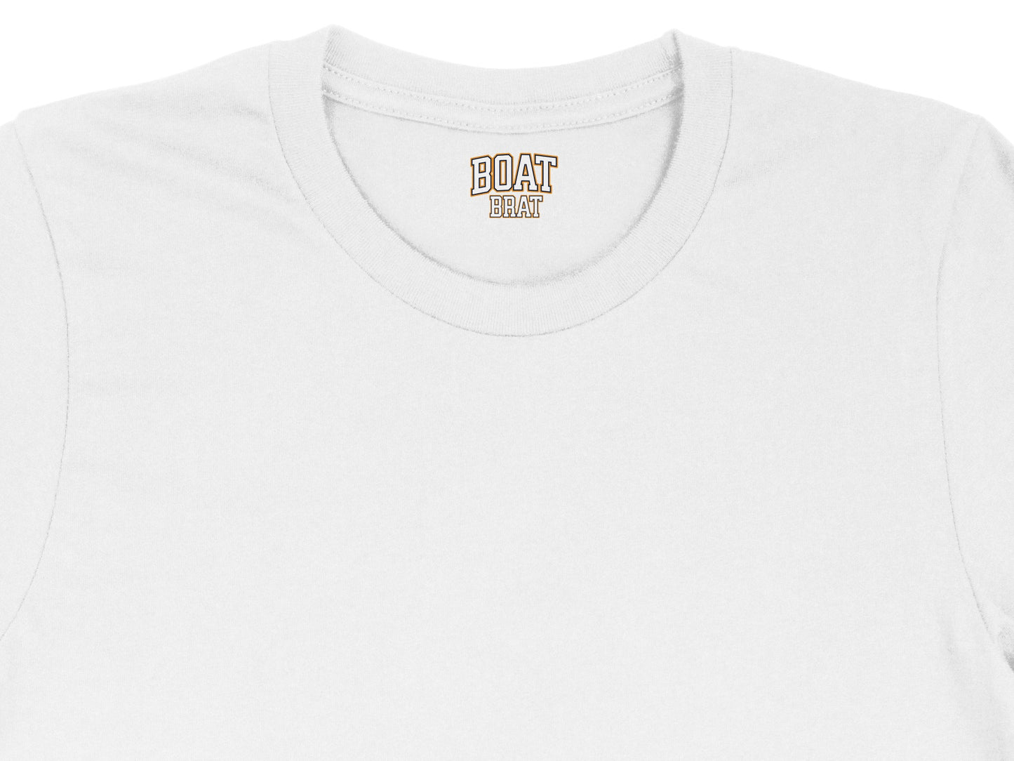 White t-shirt with "BOAT BRAT" logo on the inside neck label.