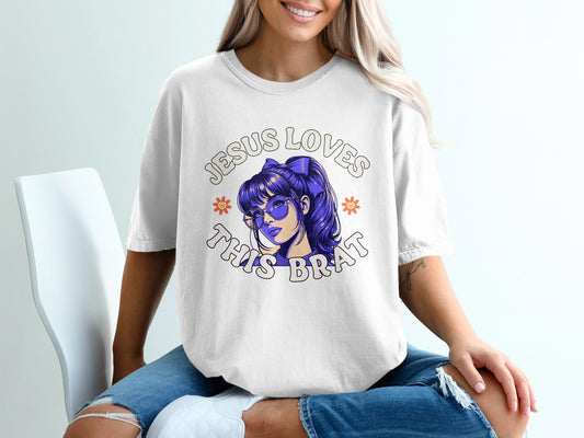 White t-shirt with "Jesus Loves This Brat" graphic and sunglasses illustration.