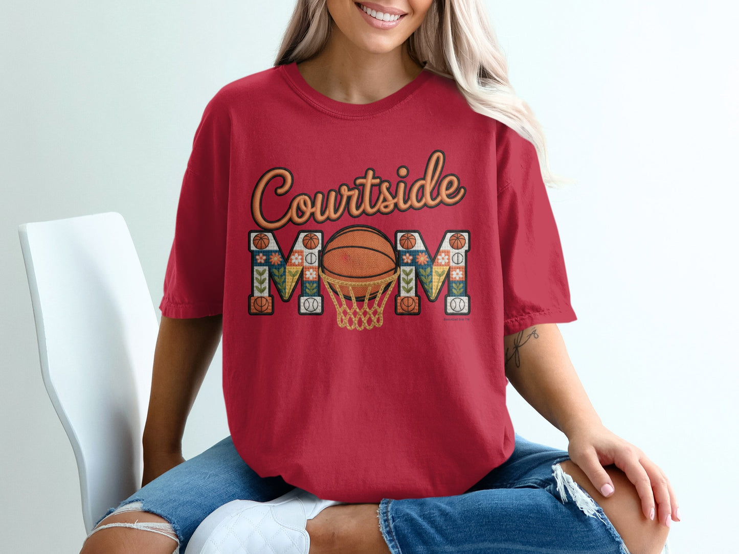 Red t-shirt with "Courtside Mom" text and basketball graphics.