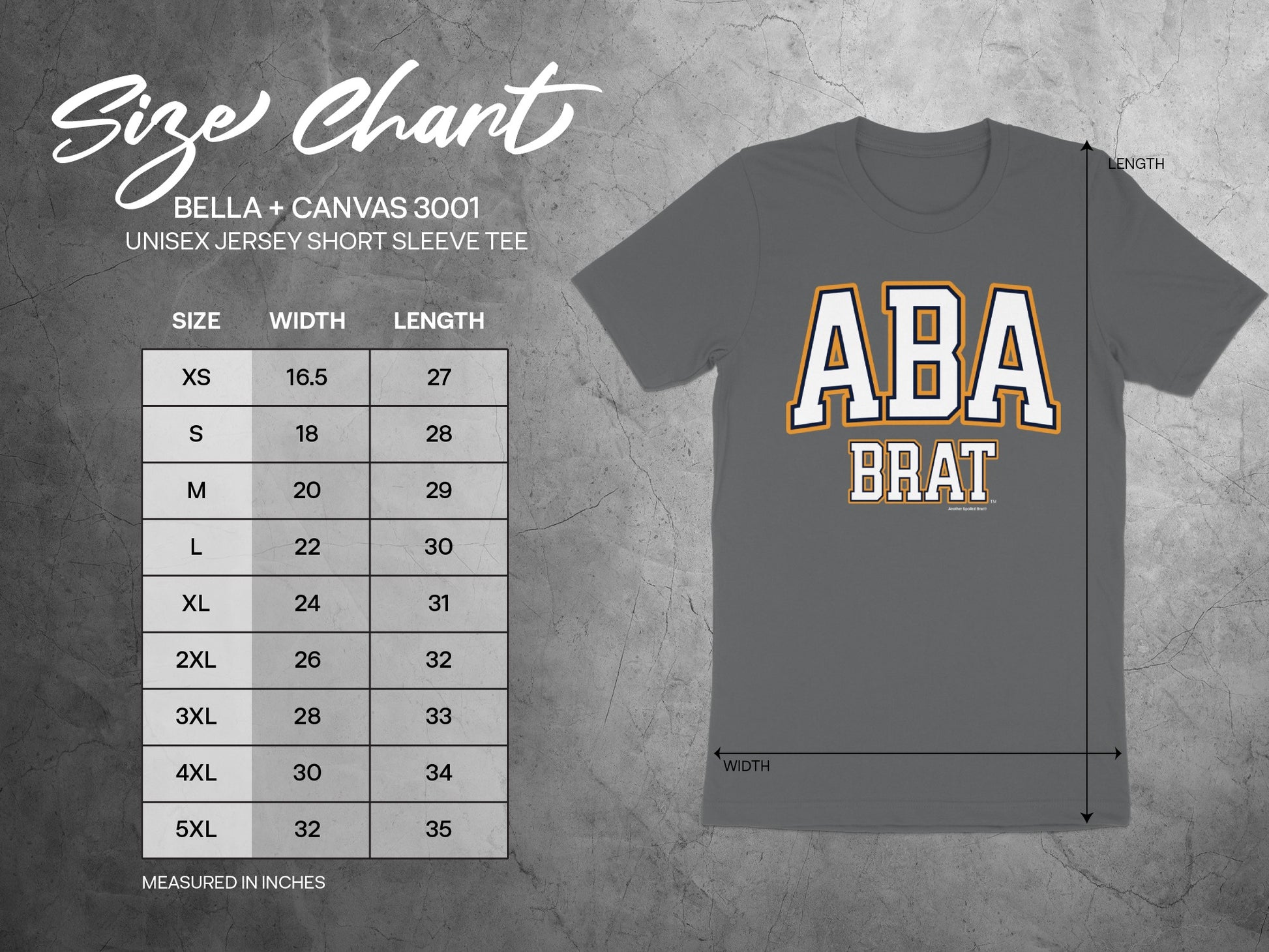 Size chart for Bella + Canvas 3001 unisex short sleeve tee with sizes XS to 5XL.