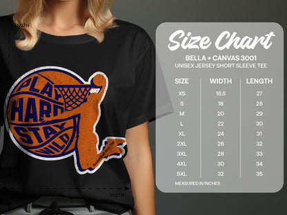 T-shirt size chart showing measurements for unisex jersey short sleeve tee.