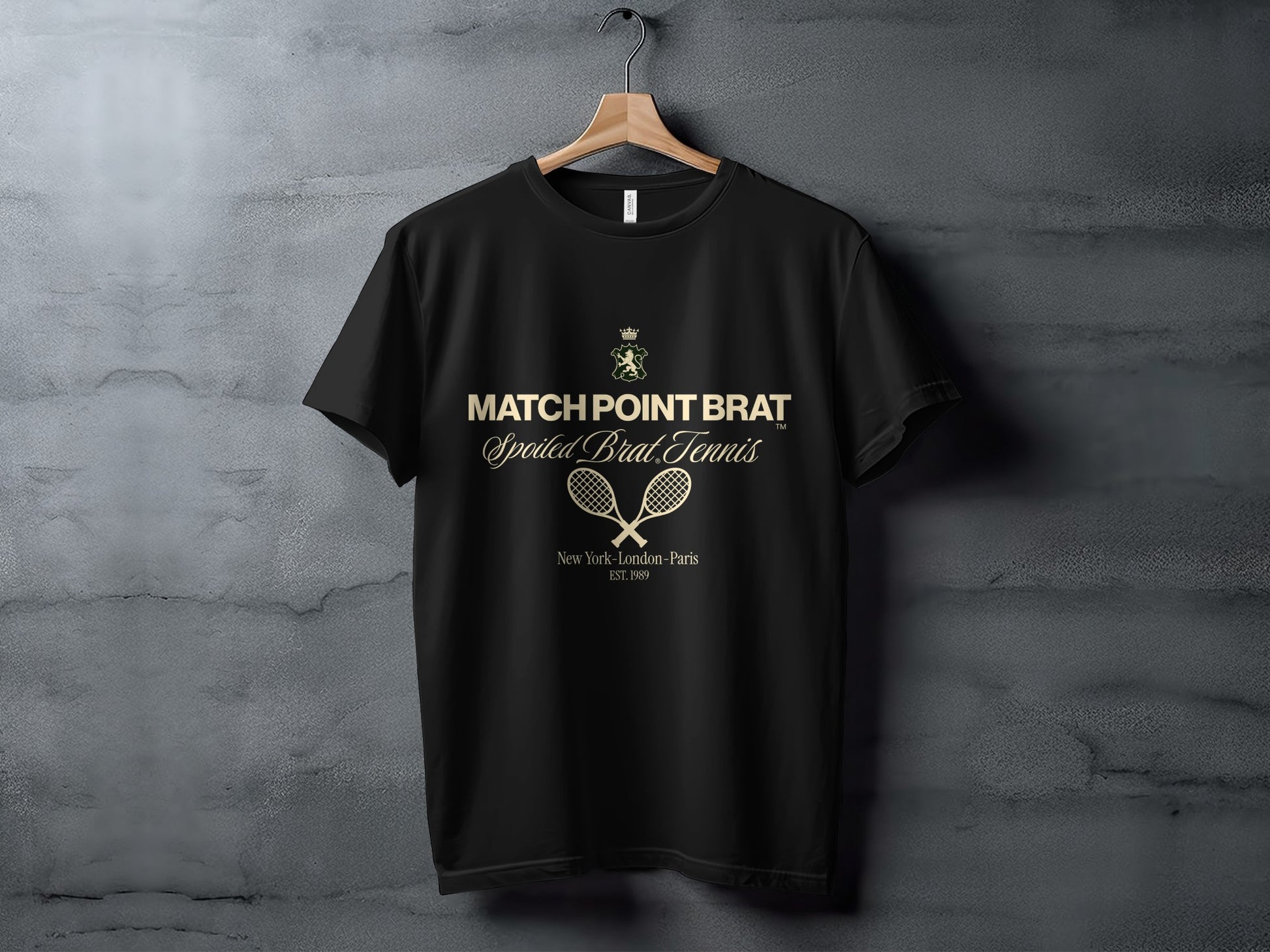 Black t-shirt with "MATCH POINT BRAT" and tennis graphic.