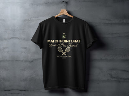 Black t-shirt with "MATCH POINT BRAT" and tennis graphic.