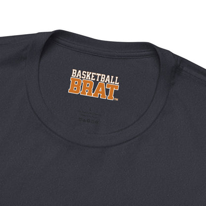 Basketball Brat logo and size tag on dark t-shirt.
