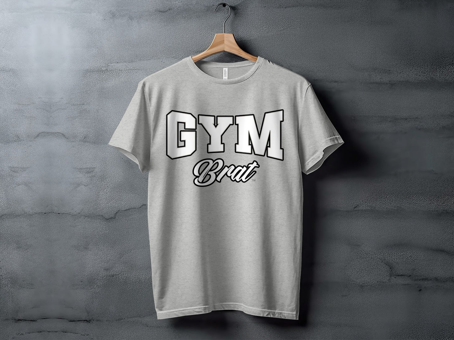 Grey t-shirt with "GYM Brat" text in white and black outlining.