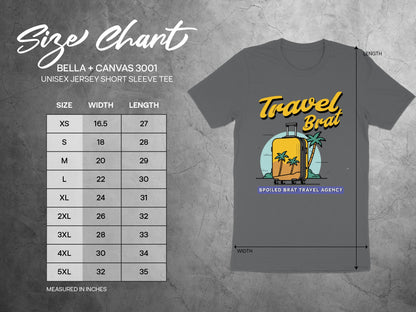 Bella + Canvas 3001 unisex short sleeve tee size chart with measurements in inches.