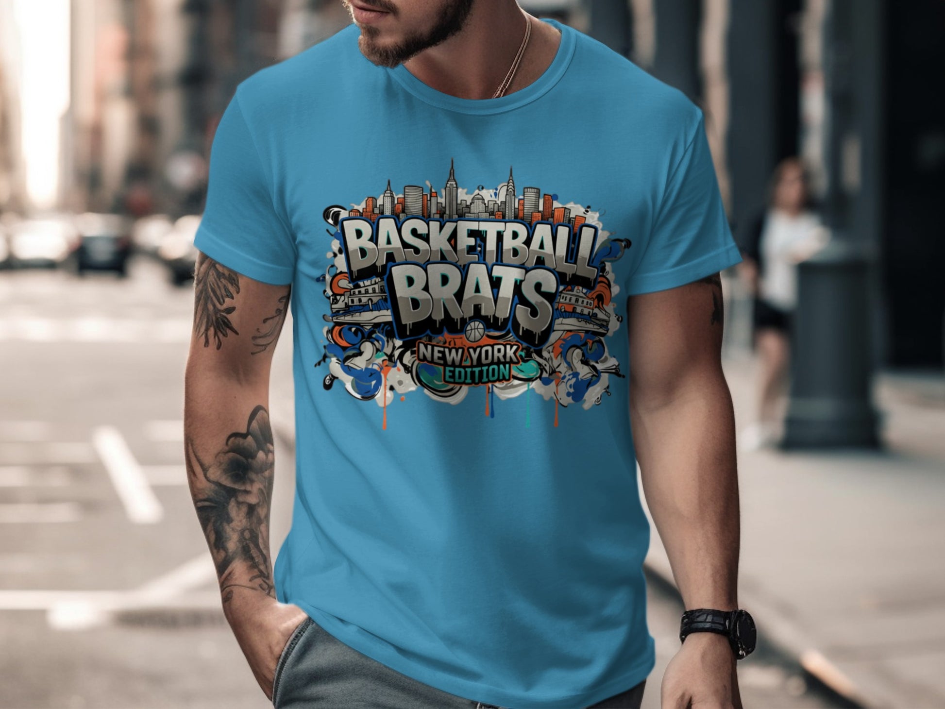 Blue t-shirt with "BASKETBALL BRATS NEW YORK EDITION" graffiti design.