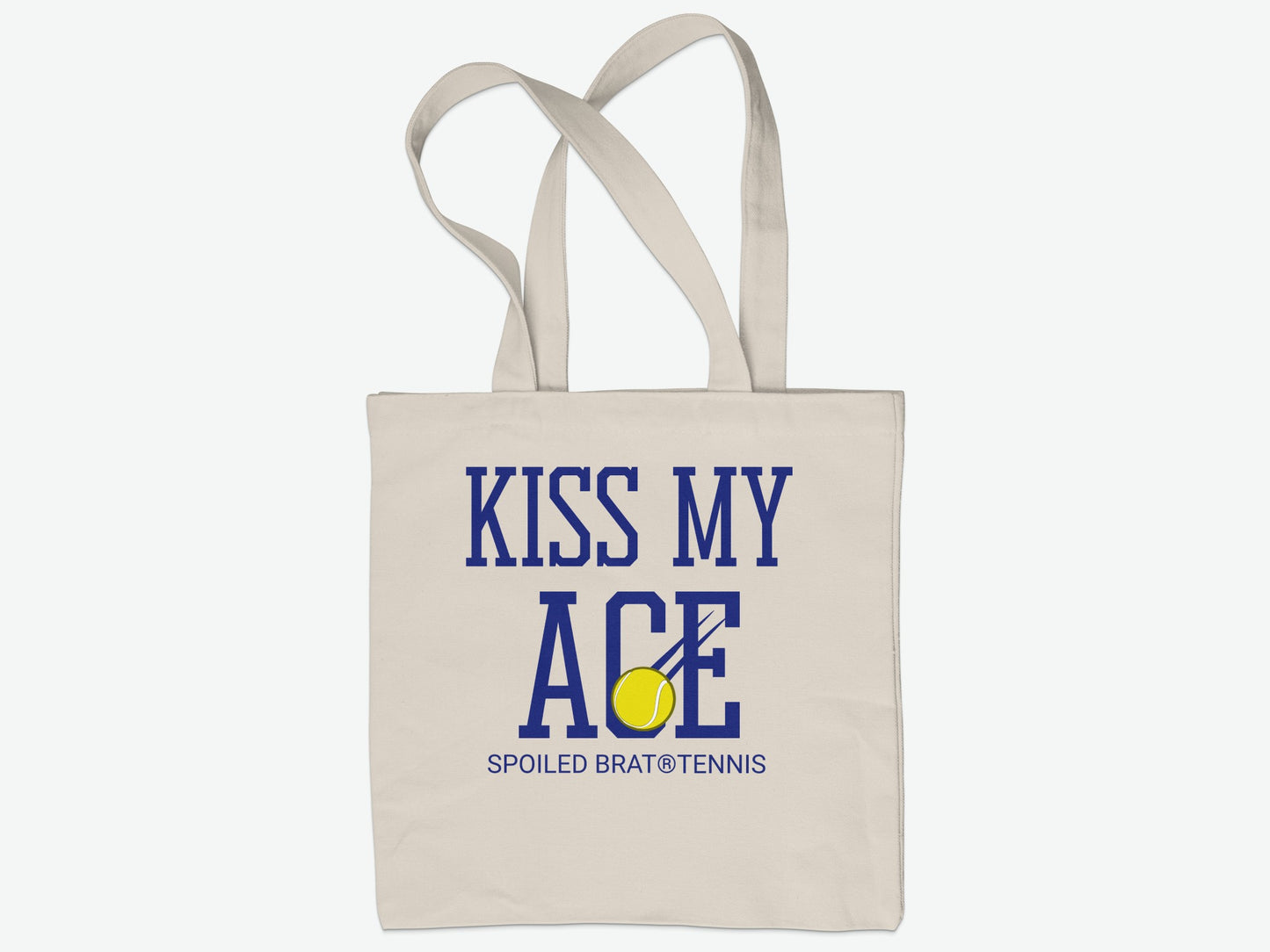 Beige canvas tote bag with "Kiss My Ace" text and tennis ball graphic.