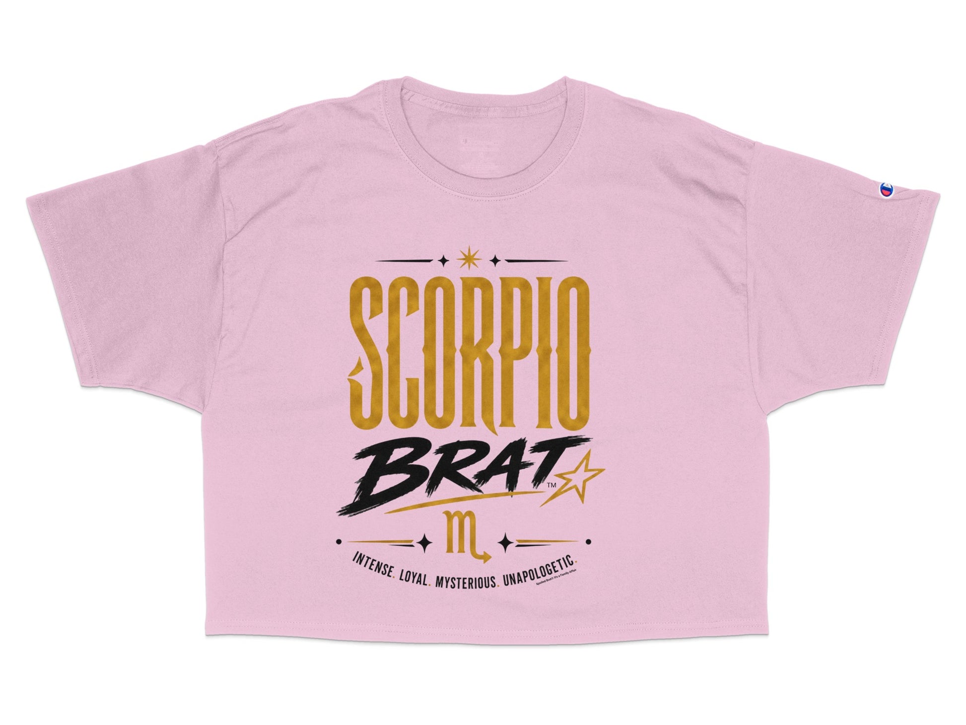 Pink Champion crop top with gold "SCORPIO BRAT" graphic and zodiac symbol.