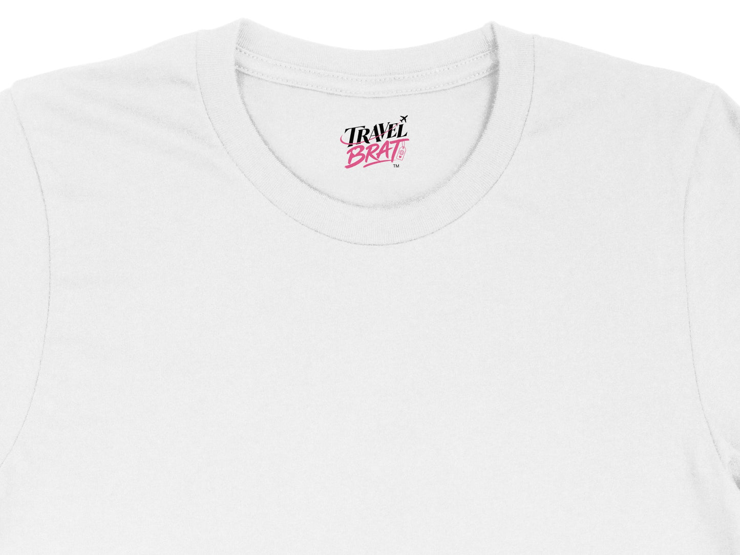 White t-shirt with "TRAVEL BRAT" logo on the neck label.