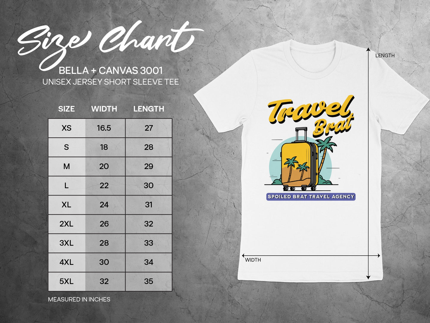 Bella + Canvas 3001 size chart with a white tee graphic on the right.
