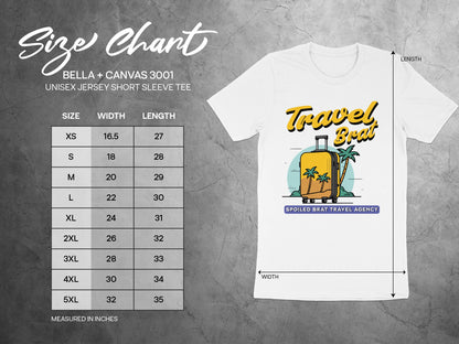 Bella + Canvas 3001 size chart with a white tee graphic on the right.
