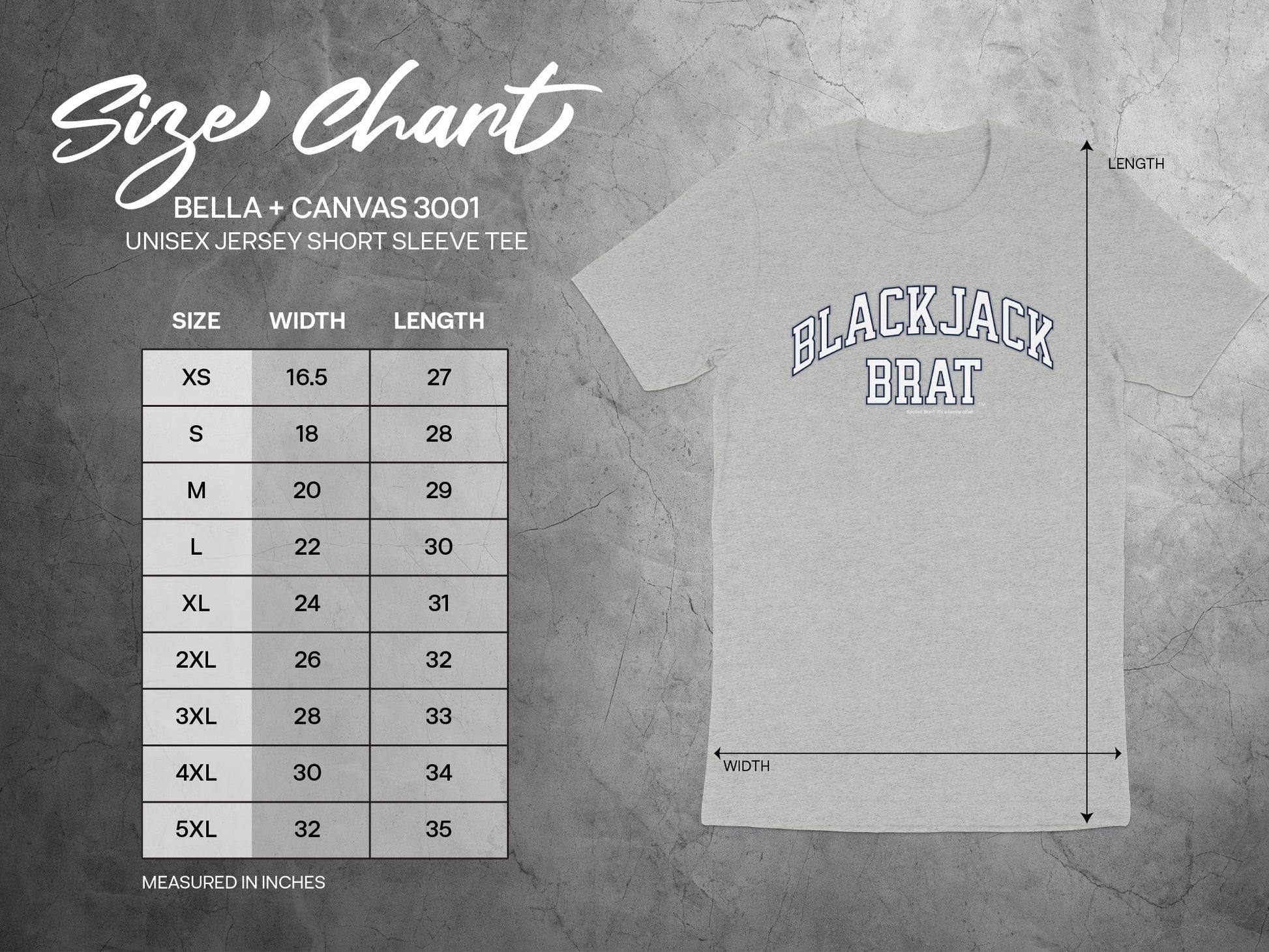 Size chart for Bella + Canvas 3001 unisex t-shirts with width and length.