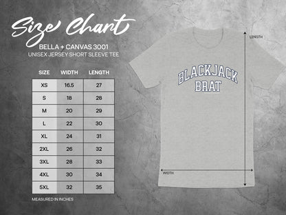 Size chart for Bella + Canvas 3001 unisex t-shirts with width and length.