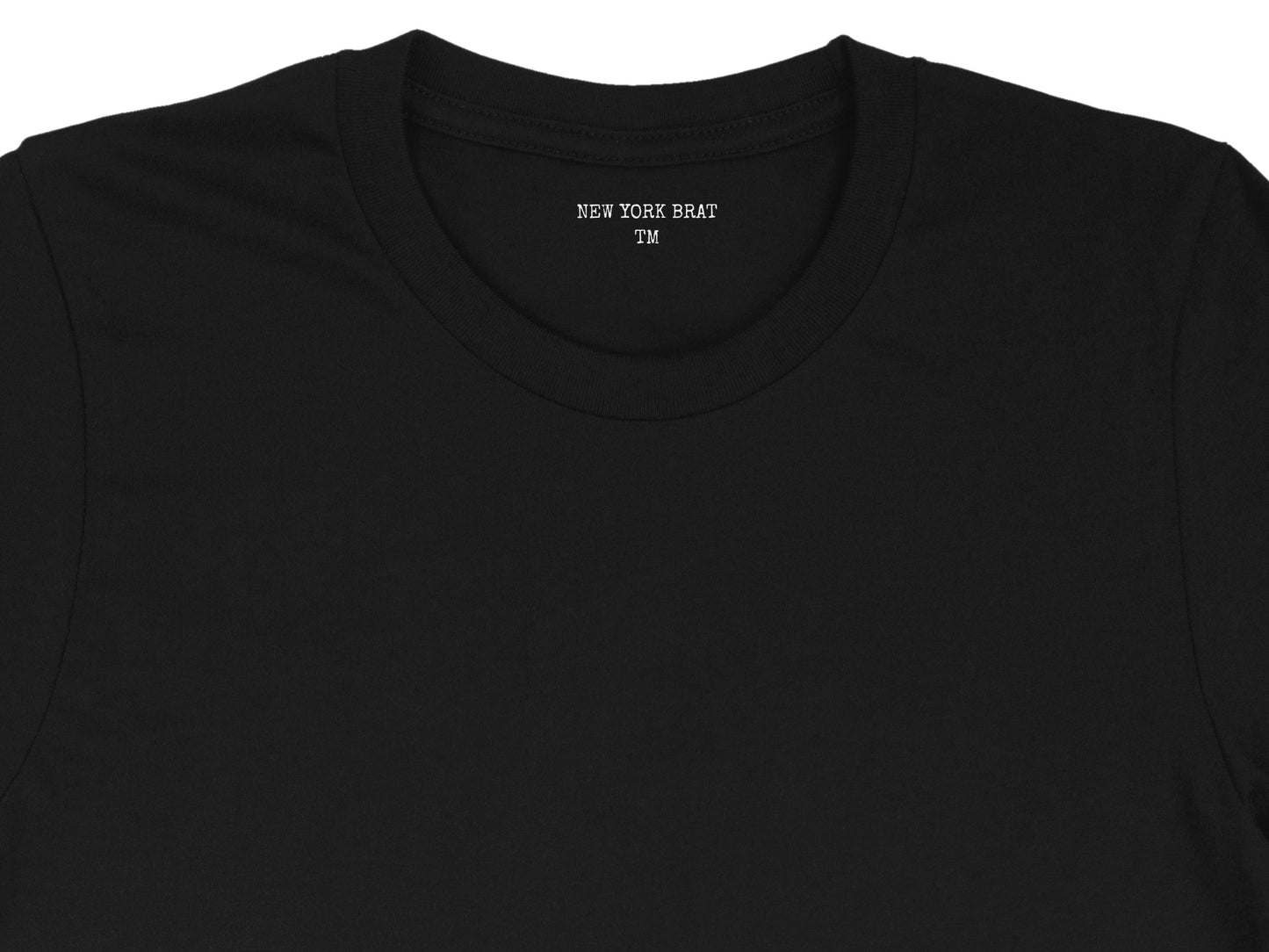 Black t-shirt with "NEW YORK BRAT TM" on the inside neck label.