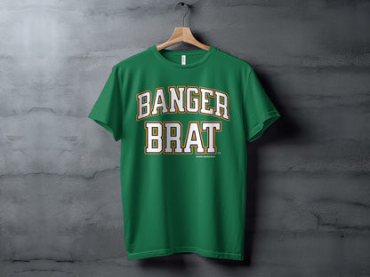 Green t-shirt with white and gold text that reads "BANGAR BRAT" and "Another Spoiled Brat®"