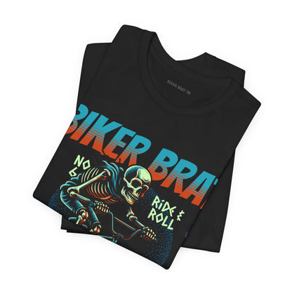 Black t-shirt with Biker Brain logo and skeleton riding a bike.