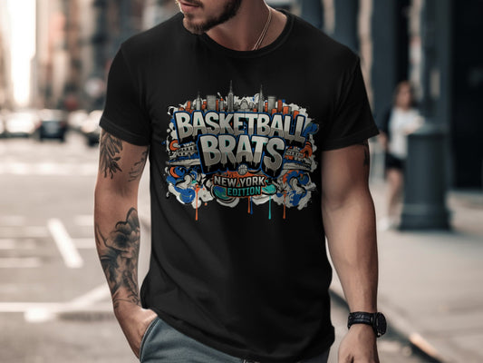 Black t-shirt with "BASKETBALL BRATS NEW YORK EDITION" graffiti-style graphic.