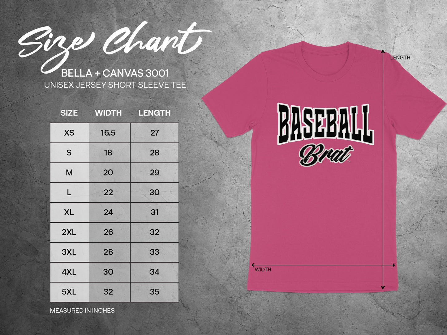 Size chart for Bella + Canvas 3001 unisex jersey short sleeve tee.