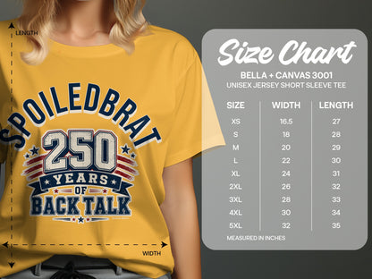 T-shirt with "Spoiled Brat 250 Years of Back Talk" graphic and size chart.