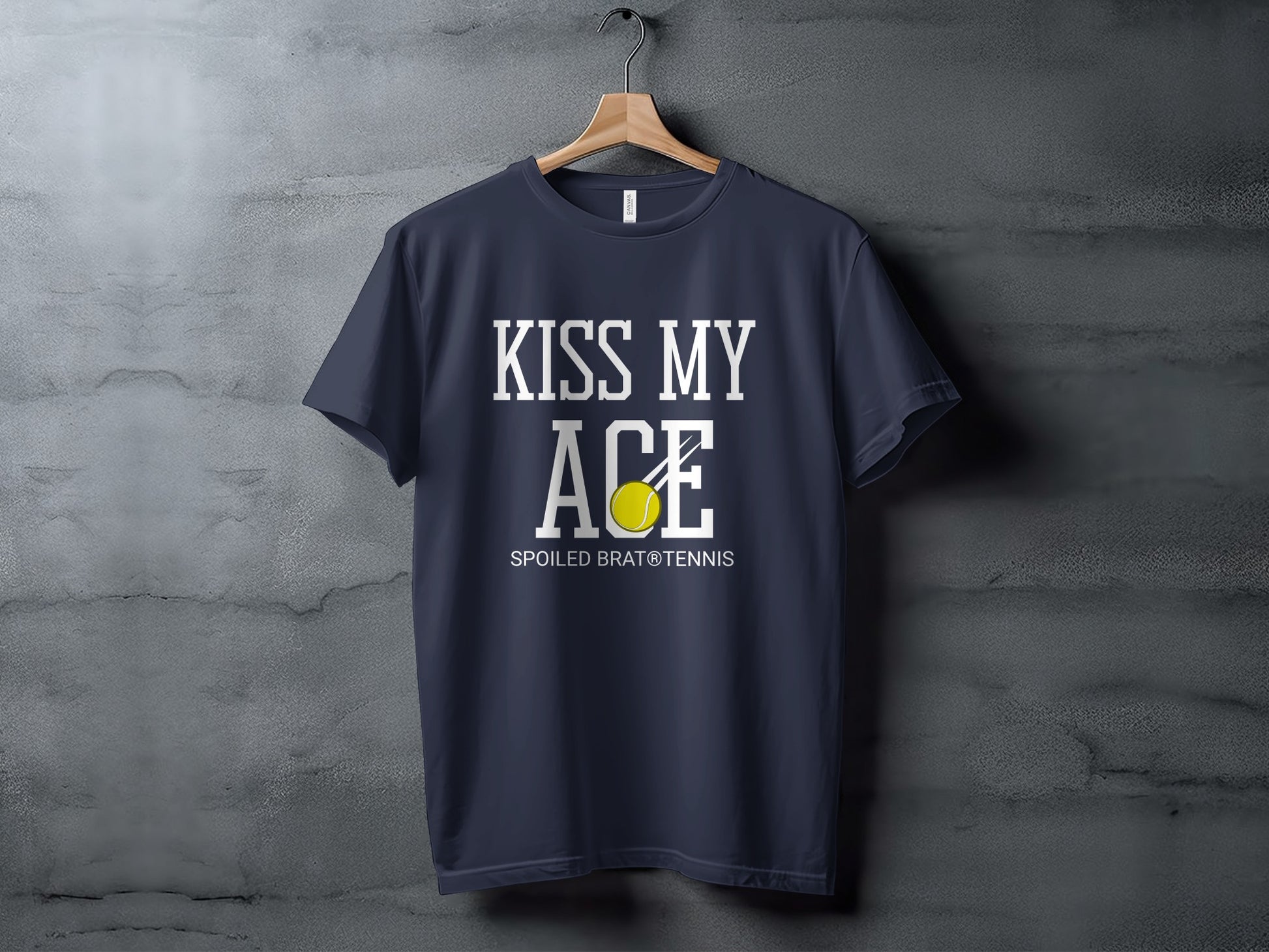 Dark blue t-shirt with "KISS MY ACE" and tennis ball logo.