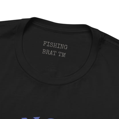Black t-shirt collar with "FISHING BRAT TM" text.
