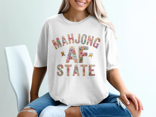 Mahjong AF State T-Shirts, Floral Embroidered looking effect Design, Joker Cards Mahjong Lover Gift, Game Player Tee, Funny Mahjong Shirt (embroidery design effect)