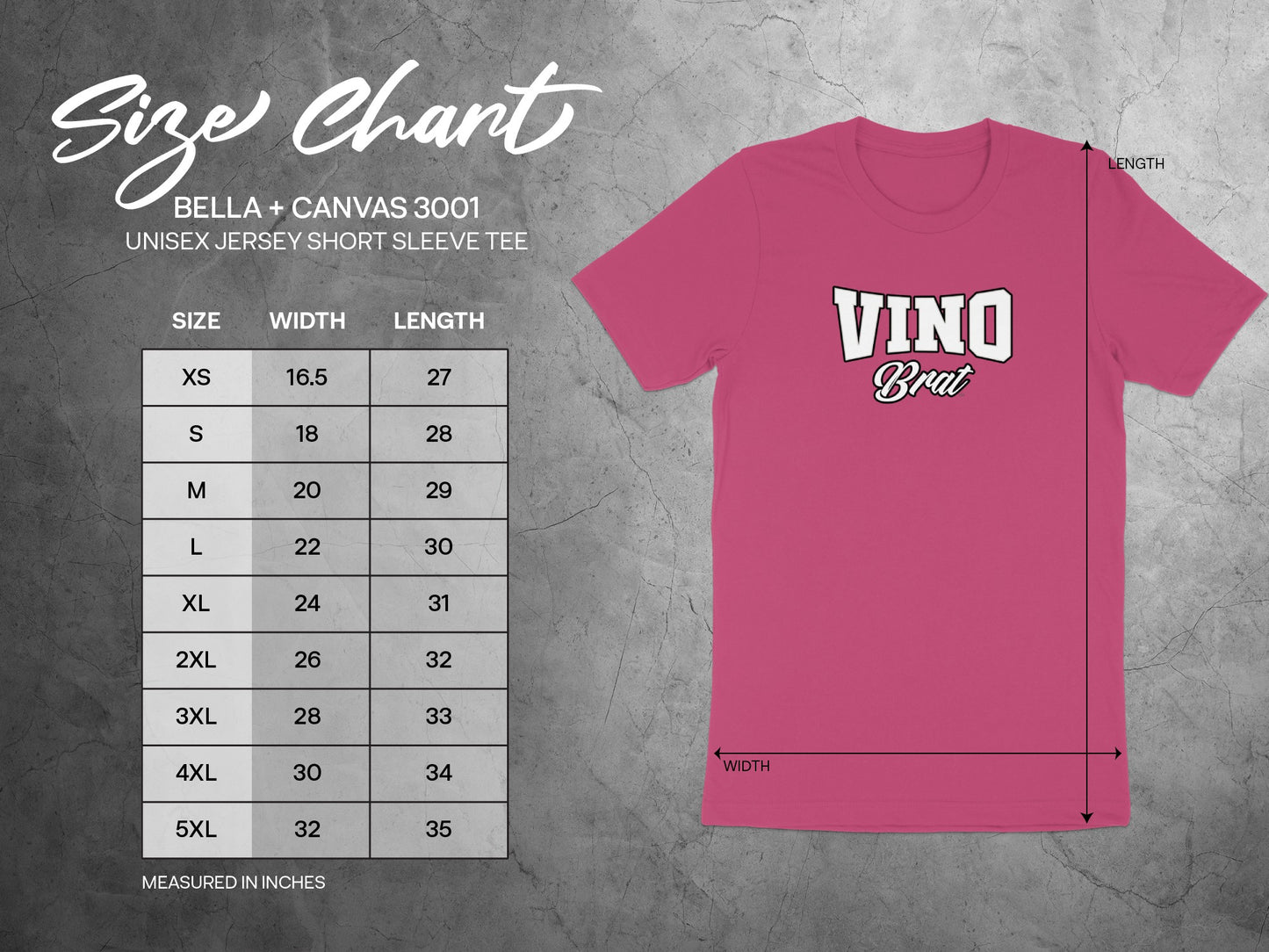 Size chart for a Bella + Canvas 3001 unisex jersey short sleeve tee.