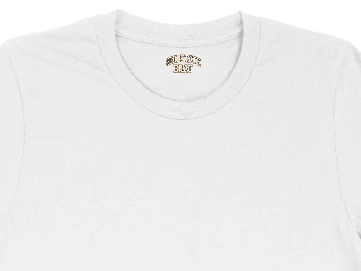 White t-shirt with "RED STATE BRAT" text on the inside neck label.