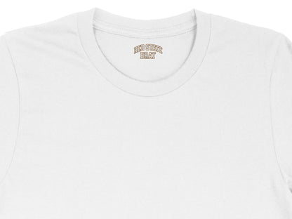 White t-shirt with "RED STATE BRAT" text on the inside neck label.