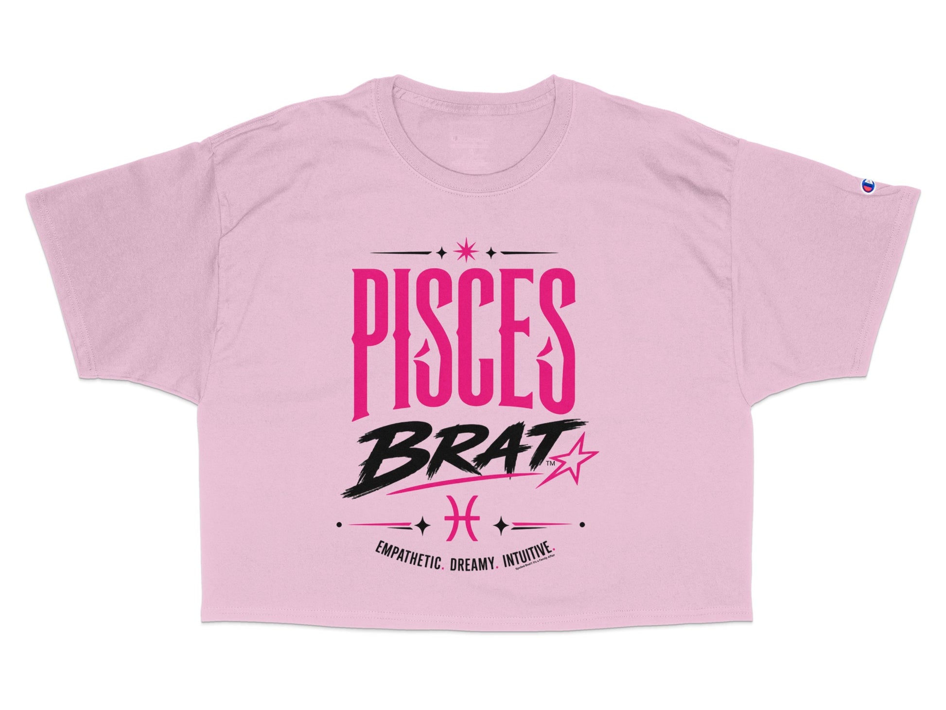 Pink cropped t-shirt with "PISCES BRAT" and Pisces zodiac symbol.