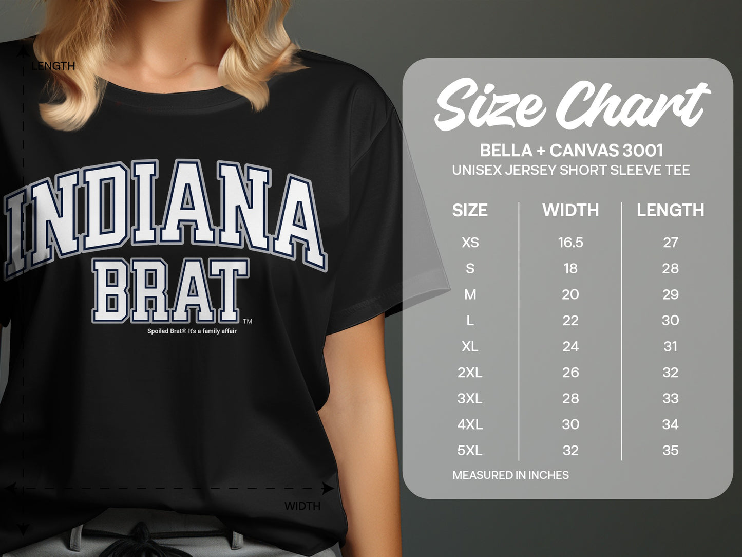 Black t-shirt with "INDIANA BRAT" text and a size chart.