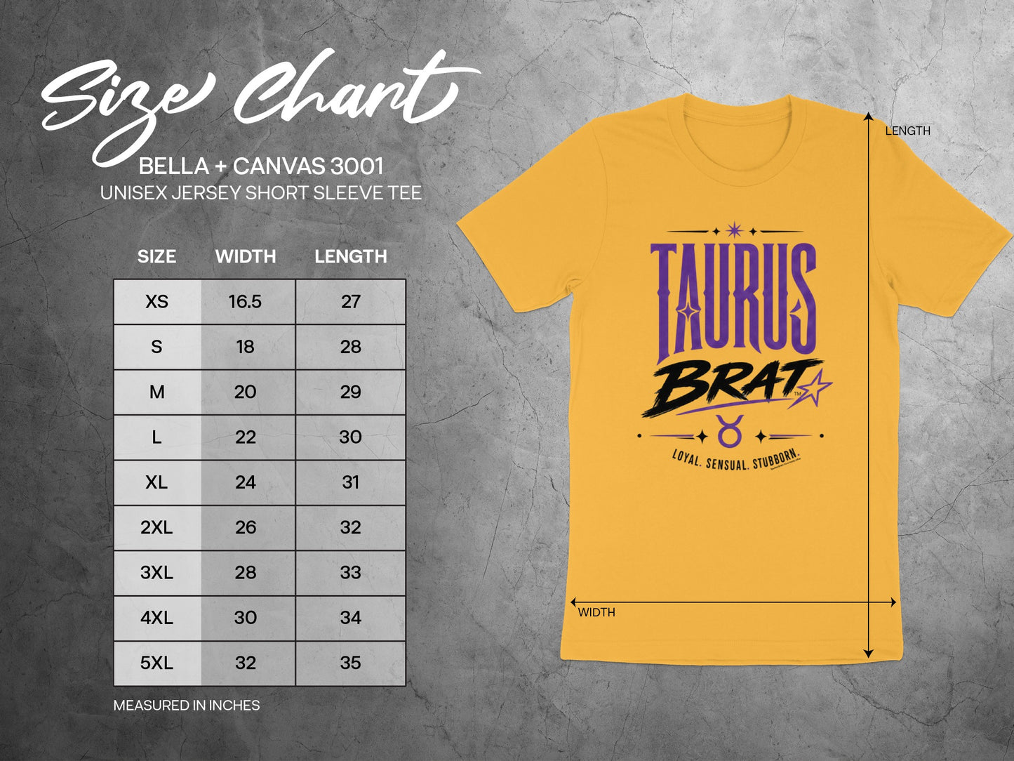 Taurus Brat unisex t-shirt size chart with width and length measurements in inches.