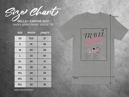 Bella + Canvas 3001 size chart with width and length measurements in inches.