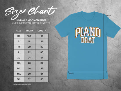 Size chart for Bella + Canvas 3001 Unisex Short Sleeve Tee with measurements.