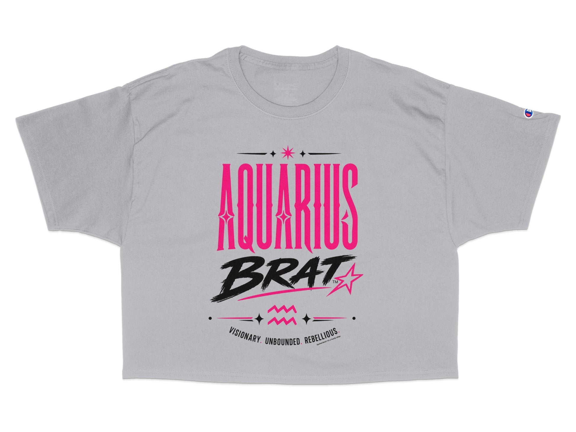 Grey Champion crop t-shirt with pink "Aquarius Brat" graphic and "visionary, unbounded, rebellious" text.