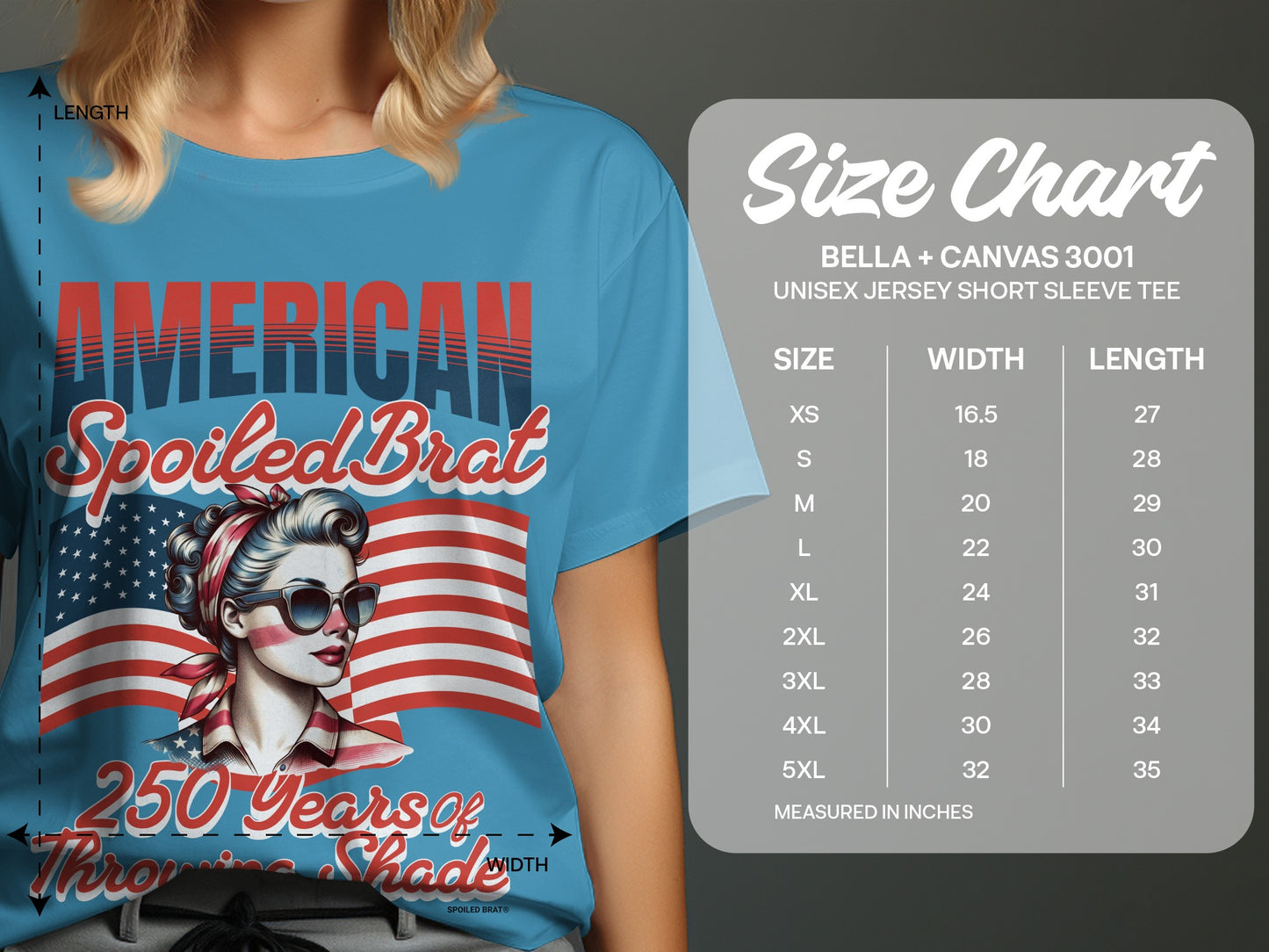 T-shirt featuring "American Spoiled Brat" text and a woman in front of the American flag.