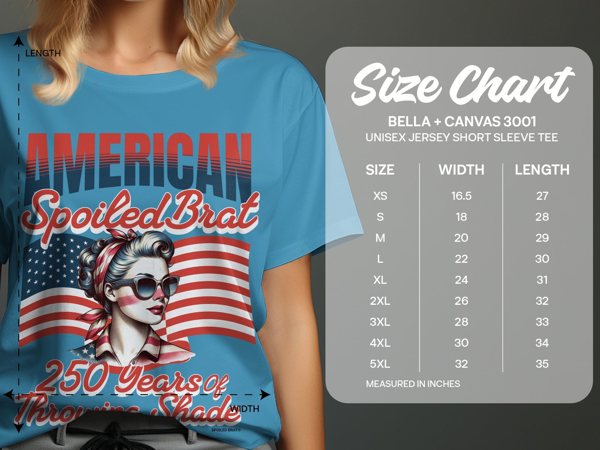 T-shirt featuring "American Spoiled Brat" text and a woman in front of the American flag.
