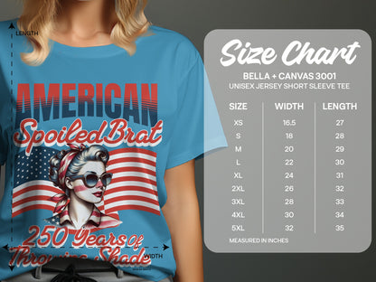 T-shirt featuring "American Spoiled Brat" text and a woman in front of the American flag.