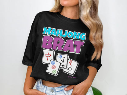 Black t-shirt with "Mahjong Brat" text and four mahjong tiles.