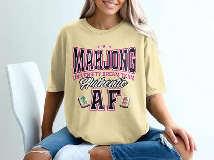 Light yellow t-shirt with "Mahjong University Dream Team Authentic AF" text.