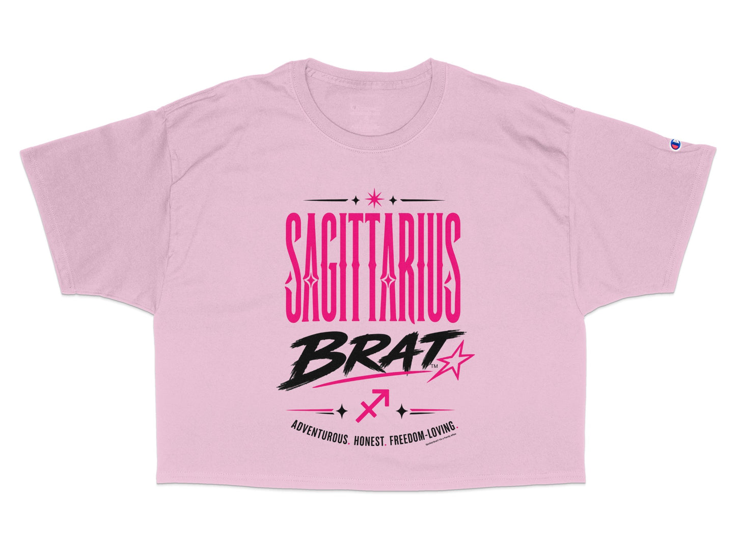 Pink cropped t-shirt with "Sagittarius Brat" text and zodiac symbol.