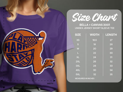 Bella + Canvas 3001 unisex t-shirt size chart showing width and length measurements.