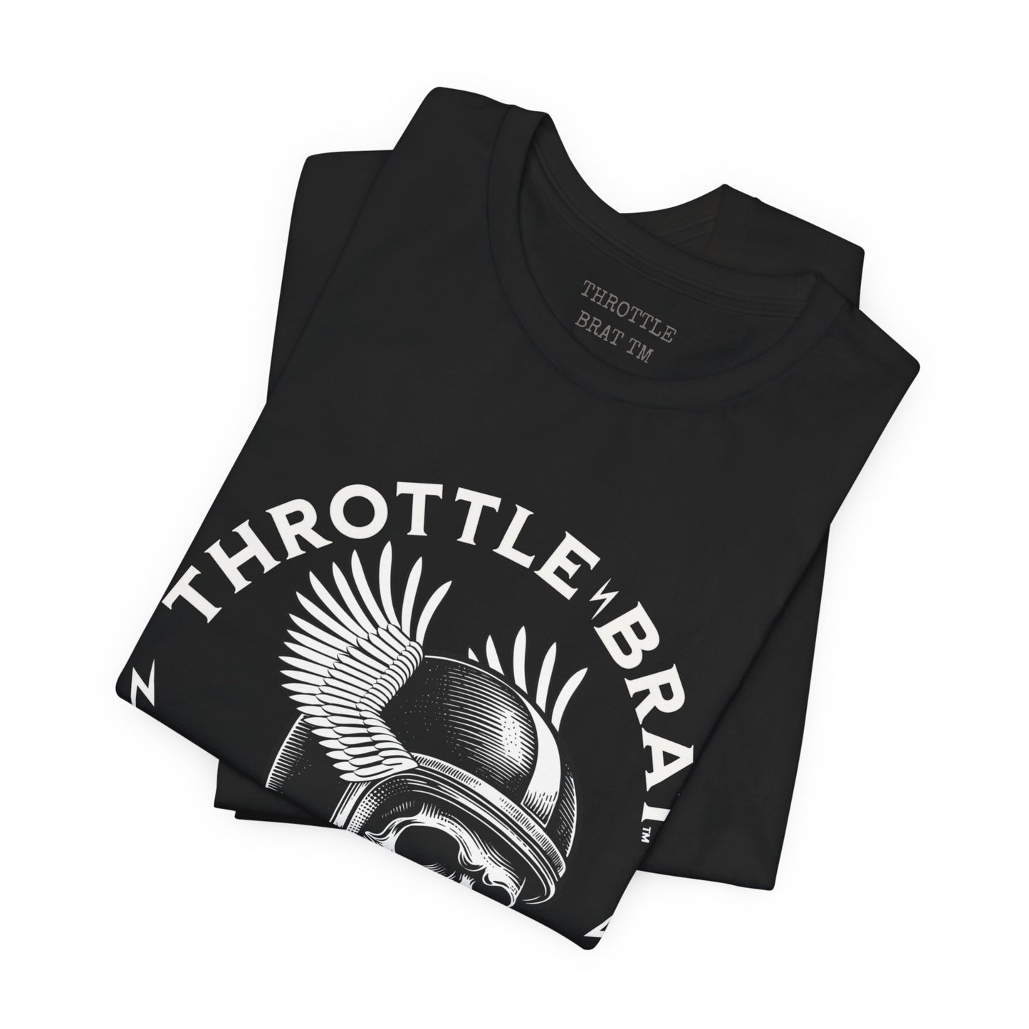 Black t-shirt with white "THROTTLE BRAT" logo featuring a winged helmet.