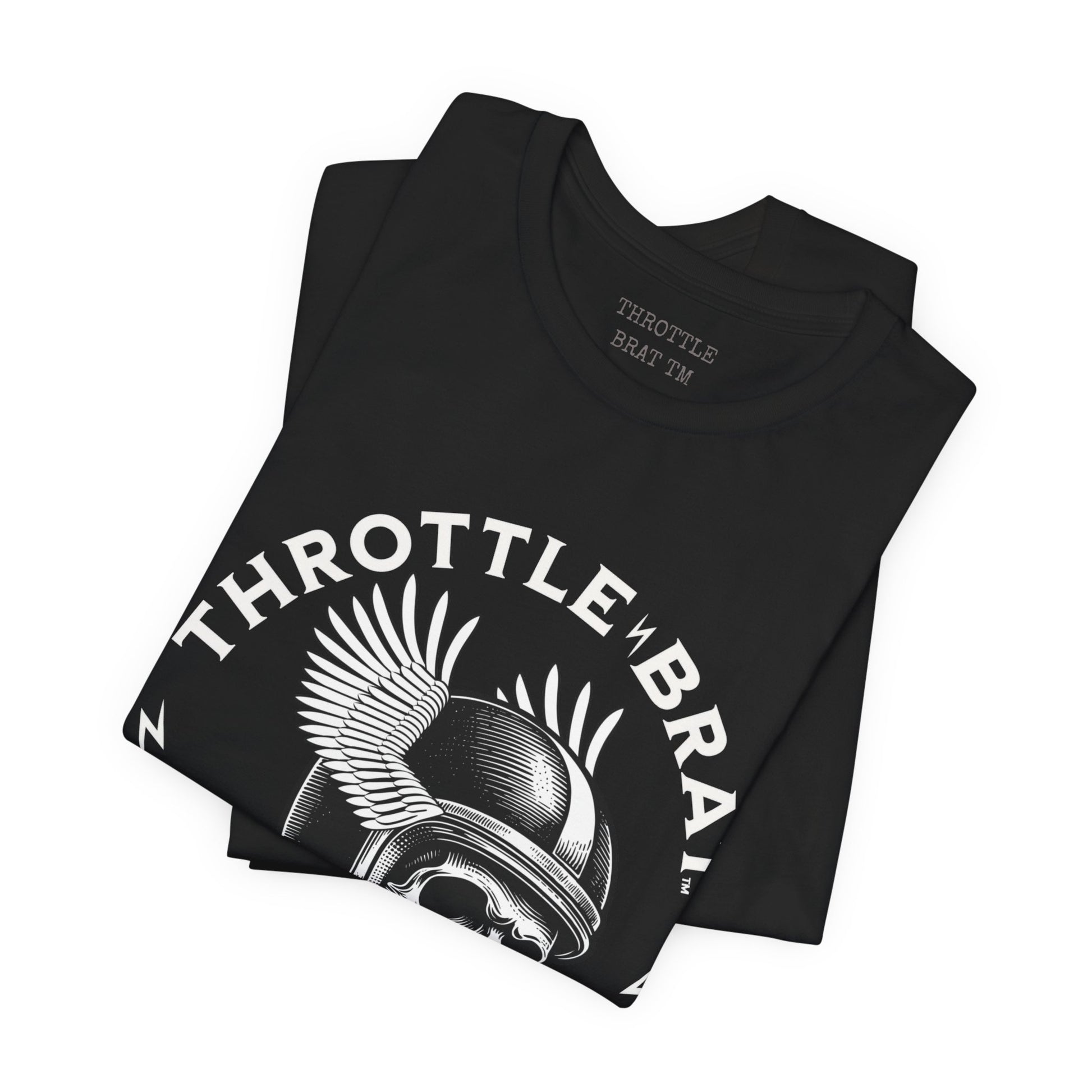 Black t-shirt with white "THROTTLE BRAT" logo featuring a winged helmet.