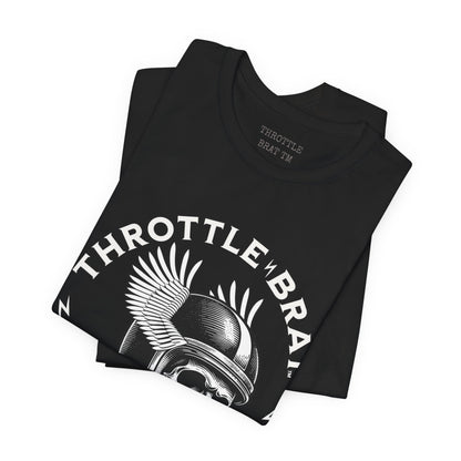 Black t-shirt with white "THROTTLE BRAT" logo featuring a winged helmet.