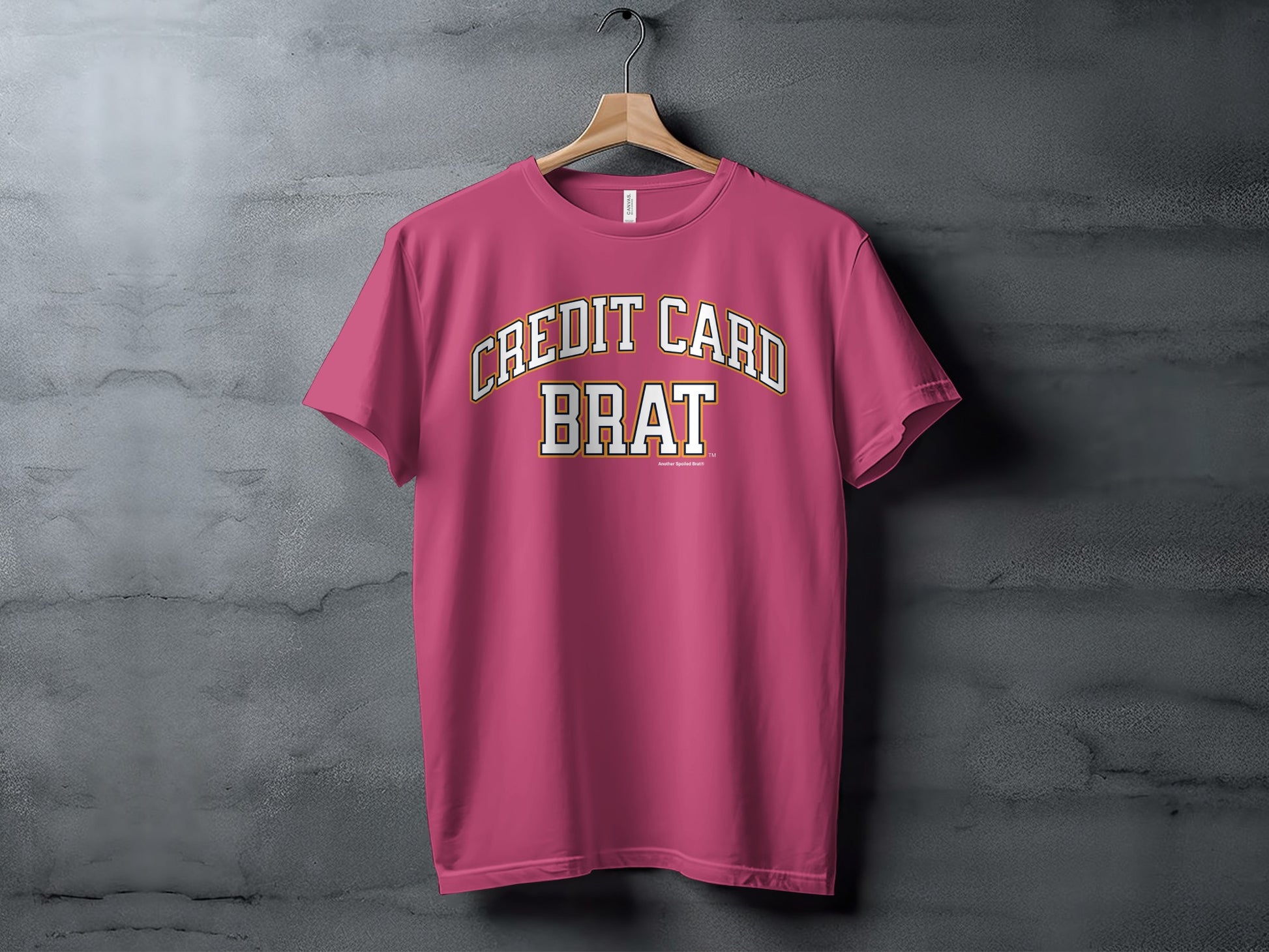 Pink t-shirt with "CREDIT CARD BRAT" text in arched varsity lettering.