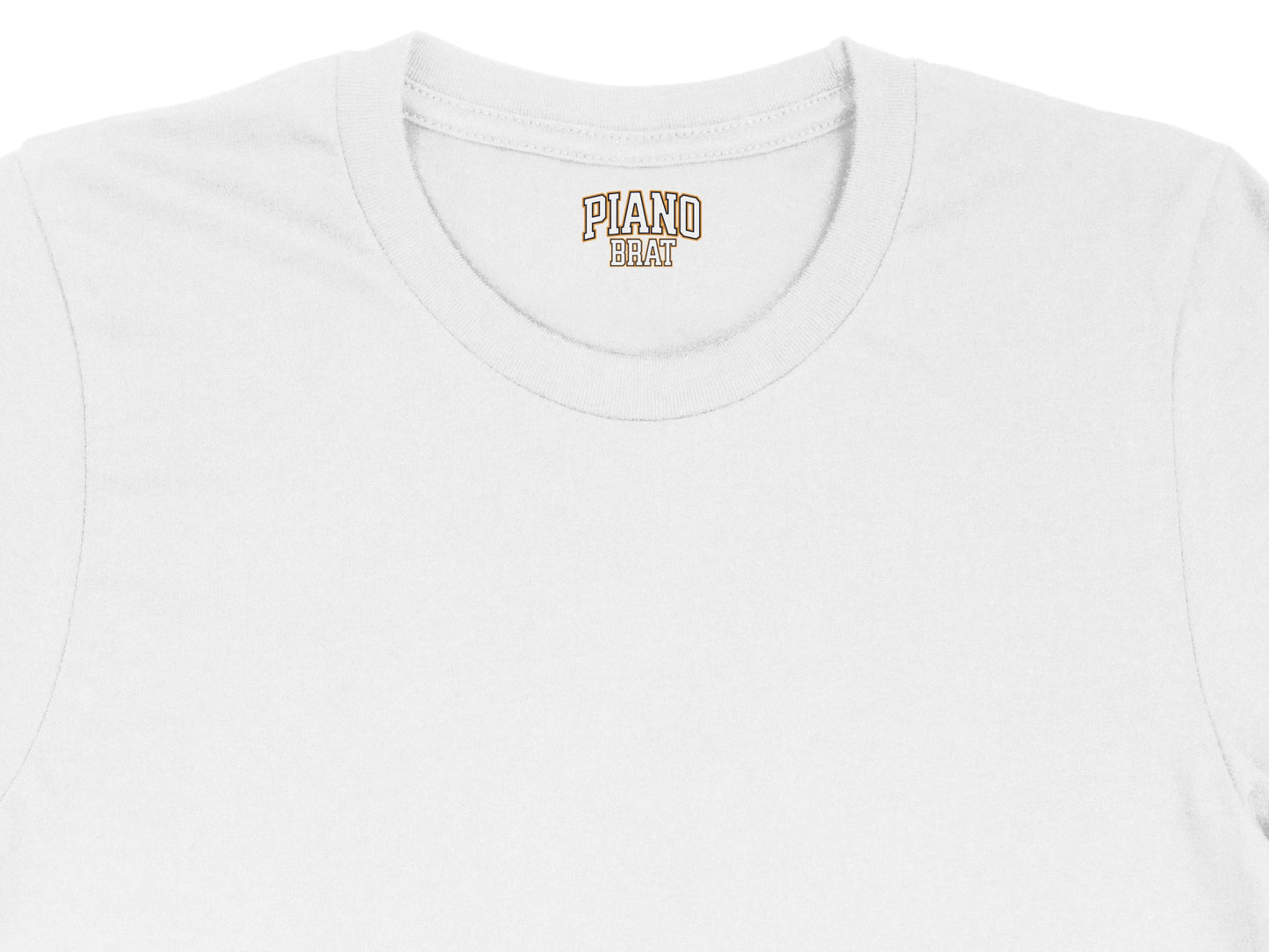White t-shirt neckline with a "PIANO BRAT" logo tag.