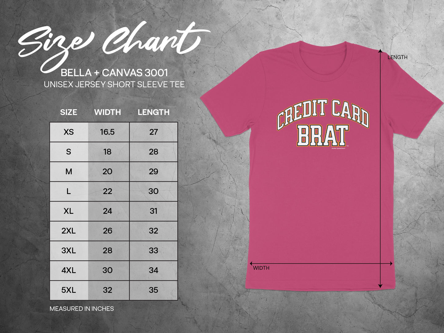 Size chart for Bella + Canvas 3001 unisex jersey short sleeve tee with dimensions.
